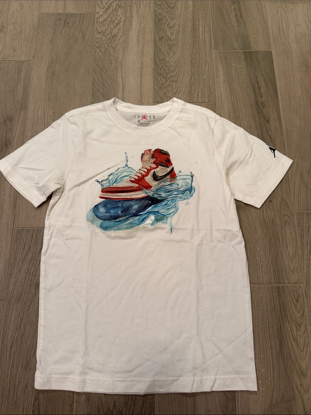 Jordan Boys White Short-Sleeve Tee with Red and Blue Sneaker Graphic Size L